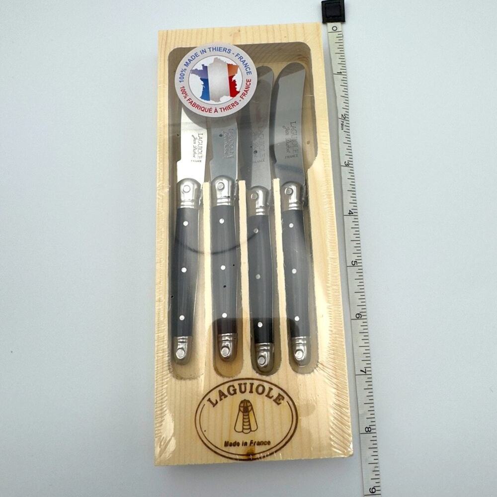 New - Laguiole Four Cheese & Appetizers Knives Black Handles Wooden Case Sealed - Picture 3 of 4